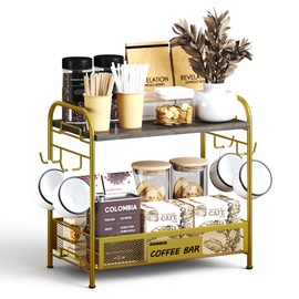 Coffee Bar Organizer for Countertop Station, Simple Assembly 2 Tier Shelf for Home,Office, Coffee Cup Holder Storage Organization for Counter Accessory Storage Rack with 4 Hooks Space-Saving
