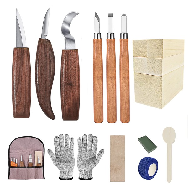 Wood Carving Tools, Wood Carving Whittling Kit for Beginners 17 PCS with Anti-Slip Cut-Resistant Gloves,Needle File Wood Spoon, for Kids Adults Woodworking DIY