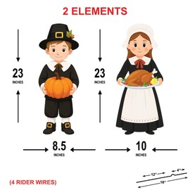 Thanksgiving Pilgrim Yard Signs, Boy and Girl with Pumpkin and Turkey Lawn Decorations, Autumn Harvest Outdoor Garden Patio Fall Décor