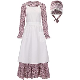 Prairie Dress Women-Pioneer Colonial Costume Floral 1800s Dress for Women with Pioneer Bonnet Apron (purple, X-Large)