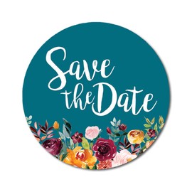 Darling Souvenir 1.6 Inches Round Non Custom Botanical Floral Border Teal Blue Save The Date Stickers-45 Pcs