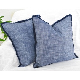 18×18 Blue Textured Cotton Throw Pillow Covers with Decorative Fringe Boho Farmhouse Cushion Cover with Tassels Linen Like Accent Pillowcases for Bed Couch Chair Sofa Living Room, Set of 2