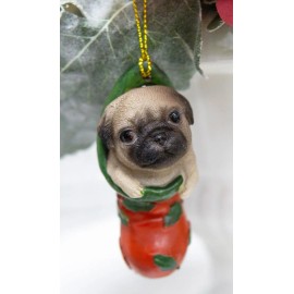 Teacup Pug Puppy Dog In Red Holly Sock Christmas Tree Small Hanging Ornament