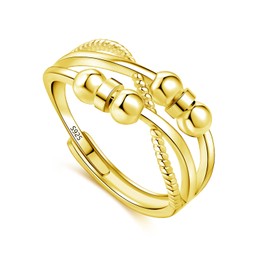 Estrellique Gold Decompression Ring with 6 Spinning Beads, 925 Sterling Silver Anxiety Ring, Hypoallergenic Adjustable Anxiety Fidget Rings, 925 Silver Anti-Stress Rings for Anxiety Women Children Men