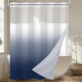 RiePoiia No Hook Ombre Shower Curtain with Snap in Fabric Liner Set, Deep Blue Modern Hotel Style Double Layer Shower Curtain for Bathroom with Top Sheer Window, 71"X74"