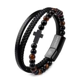 LIVLOKO Mens Bracelet Leather Black Multi-Layer Tiger-Eye Beaded Bracelet for Men Magnetic Clasp Rope Wristband Mens Gift for Boyfriend
