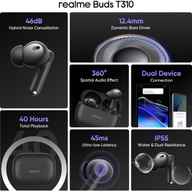 realme Buds T310 Truly Wireless in-Ear Earbuds with 46dB Hybrid ANC, 360° Spatial Audio, 12.4mm Dynamic Bass Driver, Upto 40Hrs Battery and Fast Charging - (Black)
