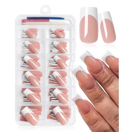 AddFavor 120pcs White French Tip Press on Nails Long Square Fake Nails Brown False Nails Square French Press ons Square Nail Acrylic Artificial Nail with Adhesive Tab for Women Girls