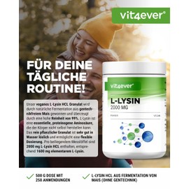 L-Lysine Powder 500 g without Additives - 100% Pure and No Magnesium Stearate - Vegan - Lysine HCL - Vegan - Vit4ever