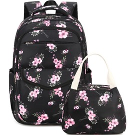 DSIUE Girls Backpack for School, Flower Backpack Bookbag with Lunch Box for Teen Girl, Bouquet Black