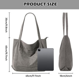 Vegena Corduroy Bag Handbag Women's Large Shoulder Bag Tote Bag Shopper Bag Women's Shoulder Bag Fabric Bag School Bag for School Work Shopping, gray