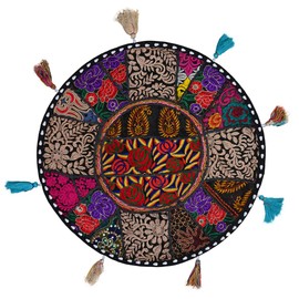 Stylo Culture Indian Decorative Round Floor Cushion Cover Boho 45 x 45 cm Small Seat Cushion Vintage Black Bohemian Patchwork Sofa Seat Cushion Cotton Embroidered Floor Cushion for Balcony