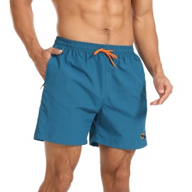 JustSun Men's Swimming Trunks with Zip Quick-Drying Swimming Shorts with Mesh Lining, peacock blue