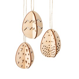 Rayher Wooden Easter Eggs, 3D Effect, Set of 3, 5.5 x 7 cm, with Jute String for Hanging, FSC Certified Wood, Easter Decoration, 46688505