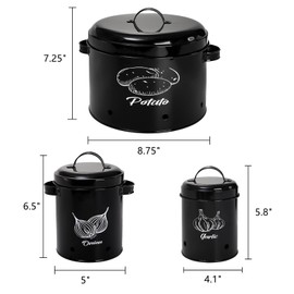 Frcctre 3 Pack Vegetable Storage Tins, Potato Onion Garlic Storage Canister Set, Black Metal Kitchen Vegetable Keeper Storage Containers with Aerating Holes