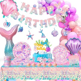 Mermaid Birthday Decorations, 90 Pcs Party Supplies & Tableware Set - Plates, Table Cloth, Napkins, Banner, Balloons, Hanging Swirls