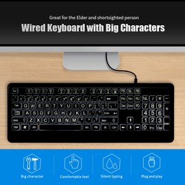 Wired Large Print Keyboard White Bold Jumbo Letters Silent Backlit Keyboard with Oversized Characters 104 Keys for The Elder and People with Bad Eye Sight and Vision Ailment