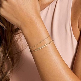 TseenYi Layered Paperclip Bracelet Set, Gold Layered Paper Clip Chain Bracelet, Boho Thin Bead Chain Bracelet, Bangle, Summer Beach Paper Clip, Bracelet, Bead Bangle Jewellery for Women and Girls,
