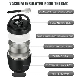 Soup Thermo for Hot Food Adults 32OZ Lunch Containers Wide Mouth Hot Food Jar Vacuum Insulated Stainless Steel Bento Box Leakproof with Spoon (Black)
