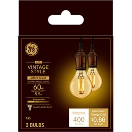 GE Lighting Vintage Style LED Light Bulbs, 60 Watt Eqv, Amber Glass, Warm Candle Light, A15 Standard Bulb, Small Base (2 Pack)