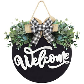 Oscenlife Welcome Sign for Front Door, Front Door Decor for Farmhouse Porch, Rustic Welcome Wreaths with Stapled Greenery, Round Wooden Hanging Sign Housewarming Gift for Home Outdoor Indoor (Black)…