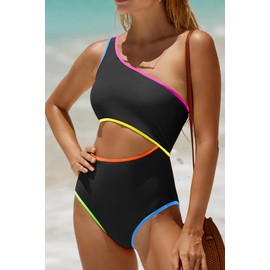 Women's One Piece Swimsuit- One Shoulder Bathing Suit Cutout Tummy Control Swimwear Colorblock Black L