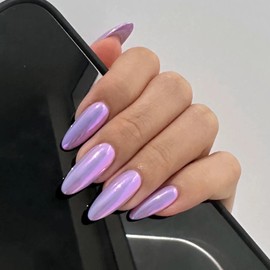 MERVF Medium Press on Nails Almond Purple Chrome Fake Nail Solid Color Design Glue ons Electroplate Acrylic Nail Supplies Art for Women 24pcs Glossy