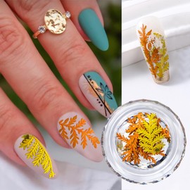 Real Dried Flowers Nail Decals Mini Fall Leaf Dry Flowers Nail Art Stickers Natural Autumn Leaves Dried Flower Nail Stickers Dry Floral Nail Decoration for Women Girls 1 Box Yellow Dry Flower Leaf