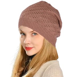 Thin Crochet Beanie Hat for Women Summer Winter Fall Mesh Slouchy Knit Hats Lightweight Crochet Caps Khaki