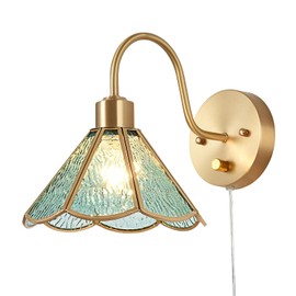 DENGMALL Vintage Brass Wall Sconce with Dimmable Switch, Bedside Industrial Gooseneck Wall Sconce with Plug in Cord, Sea Blue Stained Glass Shade Wall Light Perfect for Bedroom, Living Room