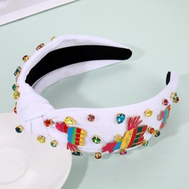 NVENF Mexican Headband for Women Cinco De Mayo Fiesta Pianata Chili Sombrero Headband Rhinestone Crystal Jeweled Wide Top Knot Headband Mexican Hair Accessories Gifts (Pinata C-White)