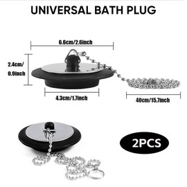 Universal Bath Plug and Chain – Bathroom & Kitchen Sink Plug Replacement 2 Pack– 43mm Black Rubber Sink Plugs Universal for UK Sinks with 40cm Stainless Steel Chain – Fits 42mm–45mm Sinks