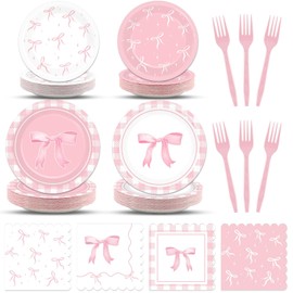 96 piezas de suministros de fiesta de lazo rosa, platos de fiesta de cumpleaños y servilletas, lazos rosados, decoraciones para niñas, despedida de soltera, compromiso, baby shower, vajilla linda para