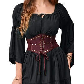 Scarlet Darkness Renaissance Corset Belt for Women Red Lace-Up Vintage Waist Cincher Adjustable Wide Belt