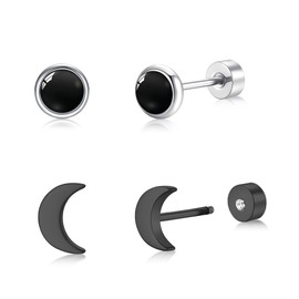 BLISI 2 Pairs Titanium Flat Back Earring - Black Onyx & Black Moon Earrings, Black Stud Earrings for Men & Women -Hypoallergenic, Trendy Earring Ideal for Daily Wear, Parties & Gifting