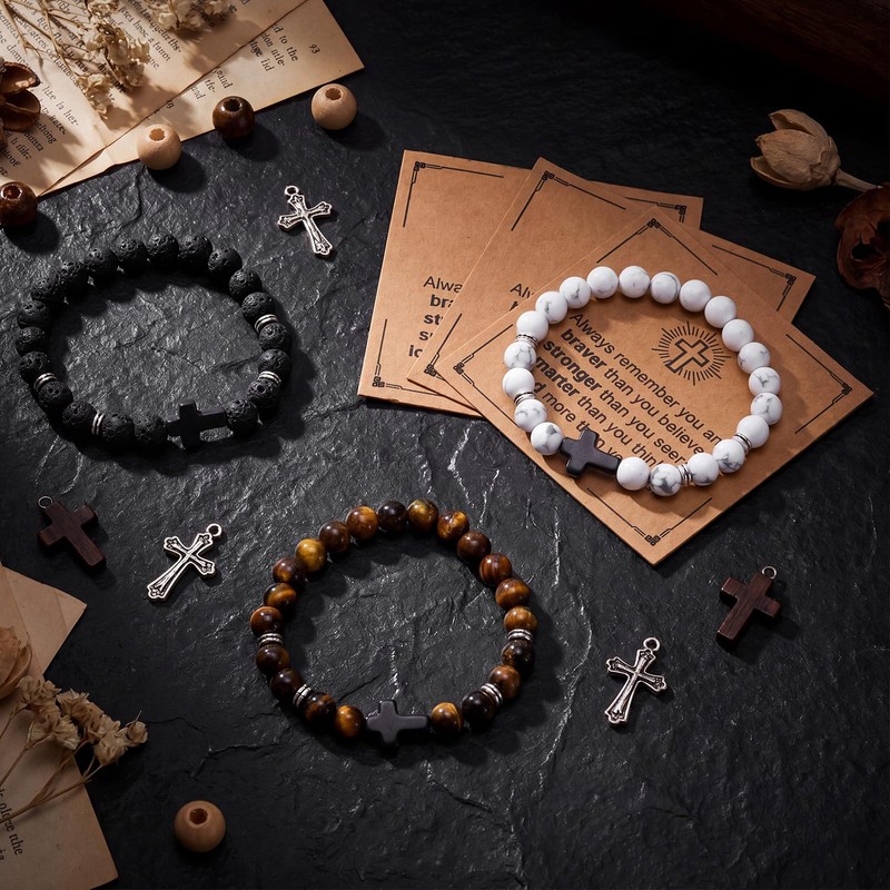 Kingdder 3 Pcs Cross Bracelets for Men Natural Stone Beaded