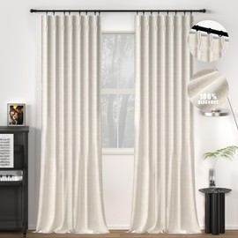Gleantdeco 96 Inch Long Cream White Pinch Pleated 100% Blackout Curtains & Drapes,Bedroom Livingroom Farmhouse Beige Curtains 2 Panel Sets,Room Darkening Thermal Insulated Window Curtain
