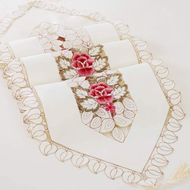 LeLehome 15" X 96" Table Runner, Classic Lace Vintage Rose Flowers Embroidered Floral Dresser Scarf Tabletop Home Dining Decoration - Beige White Leaves