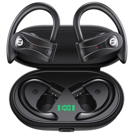 Wireless Earbuds 4 Mic Clear Call Bluetooth Headphones Wireless Charging Case Stereo Bass Sound 60H Playtime Over Ear Earphones LED Digital Display Headset with Earhooks for Sports Running Workout Gym