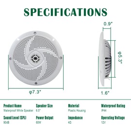 LENKRAD 6.5'' RV Marine Speakers Waterproof Outdoor White Boat Speakers | Low Profile Slim Style with 60 Watt RMS 4-Ohm Weather Resistant Outdoor Stereo Systems/Shallow Mount Camper Van Audio (Pair)