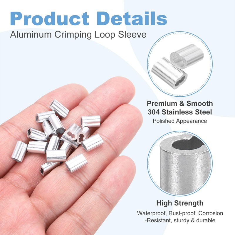 uxcell 1/16"(1.5mm) Aluminum Crimping Loop Sleeve, Double Hole Cable Ferrule