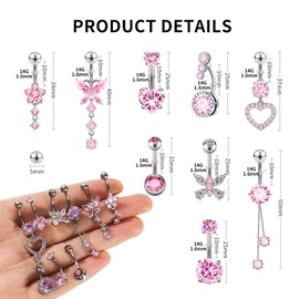Beautidots 18pcs Belly Button Rings 14G 1.6MM Pink Stainless Steel CZ Navel Rings Belly Button Piercings Jewelry Belly Rings for Women with 9pcs Replacement Balls Silver Gold Pink