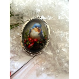 Bluebird Brooch, Bluebird of Happiness Pin, Winter Bluebird Pin, Christmas Brooch, Winter Jewelry, Bluebird and Holly Pin, Gift for Her