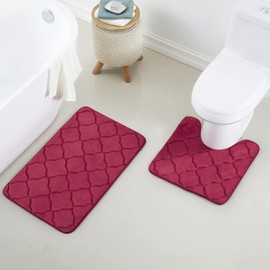 Yafa Home Fashion 2 Piece Geometric Design Embossed Solid Color Memory Foam Soft Bathroom Rug Set Non-Slip PVC Backing (Burgundy, 2 Piece:20" X 20" + 20"X 32")