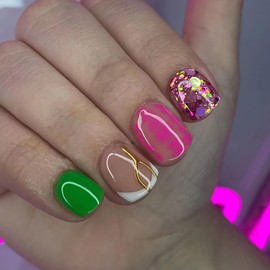 Short Press on Nails Square Fake Nails with Golden Lines & Glitter Designs Green Nude Full Cover False Nails Press ons Glossy Glue on Nails Red Pattern Stick on Nails for Women 24 Pcs