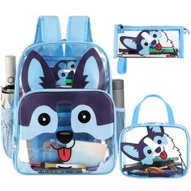 Kacctyen 3 Pcs Pink Clear Backpack for Girl Boy Kid Heavy Duty School Clear Bookbag Transparent Backpack with Lunch Bag(Blue,Dog)