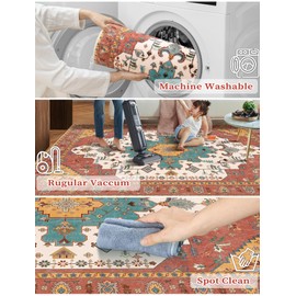 SERISSA Boho Washable Runner Rug, 2'6"x8' Rug Runner Non-Slip Vintage Orange Hallway Kitchen Runner Rug Ultra Soft Print Distressed Floor Carpet Runner for Bedroom Bathroom Laundry Living Room