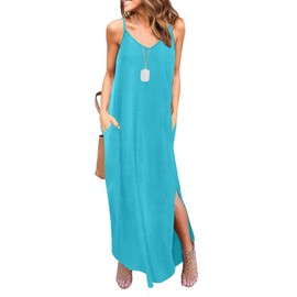 HUSKARY Spaghetti Strap Maxi Dresses for Women 2025 Summer Beach Cover Up Casual V Neck Sleeveless Long Cami Dress with Pockets and Split