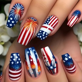 4th of July Press on Nails Short Coffin Fake Nails with American Flag Designs Glossy Glue on Nails Press ons Independence Day False Nails Acrylic Stick on Nails for Women 24 Pcs