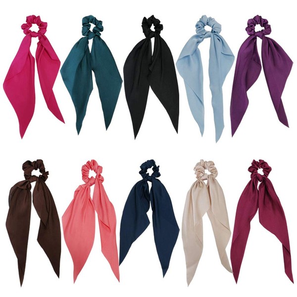 GETACOTA 10 Pieces Hair Scrunchies Bowknot Satin Chiffon Long Tail Elastics Ribbon Ear Bow Pattern Colors Scrunchy Scarf Scrunchie Vintage Ponytail Holder Ties Bands Accessories for Women(satin10p)